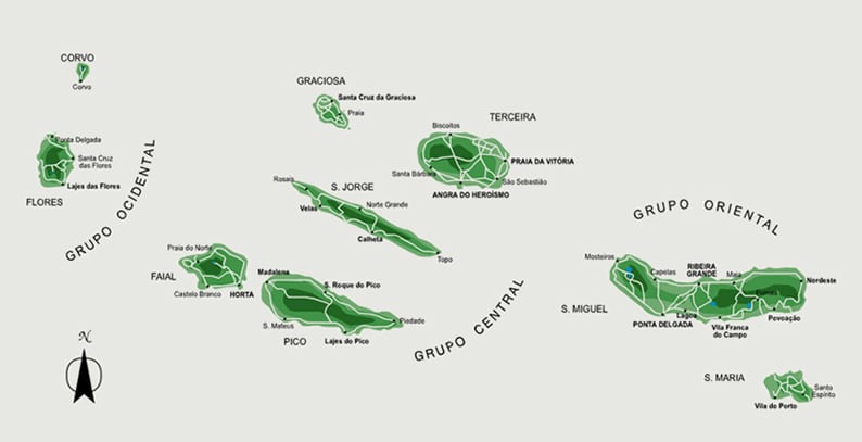 Mapa de Portugal segundo os distritos divididos nos quartis dos