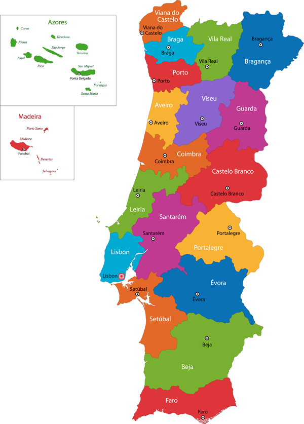 Mapa de Portugal - Político, Portugal e Espanha, cidades e turístico